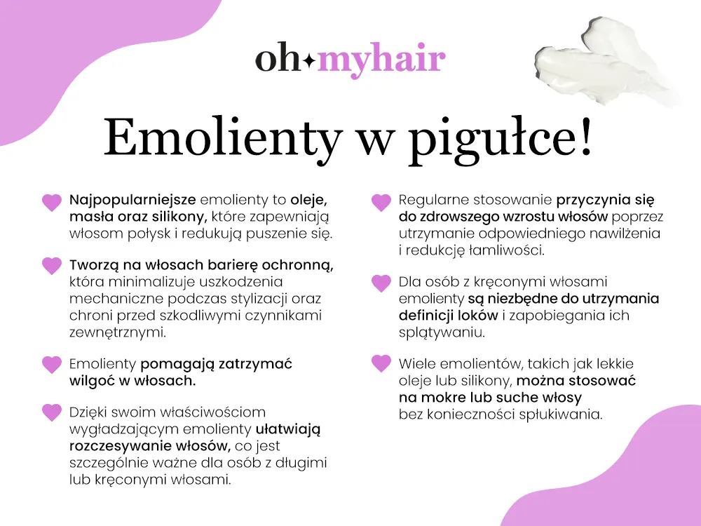 Najważniejsze informacje o emolientach do włosów w infografice Oh My Hair