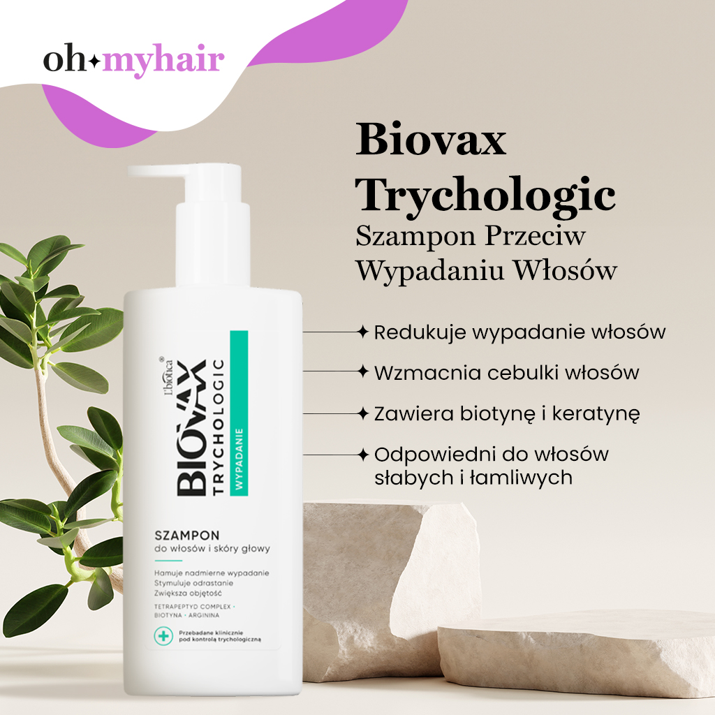 Infografika szamponu Biovax Trychologic przeciw wypadaniu włosów