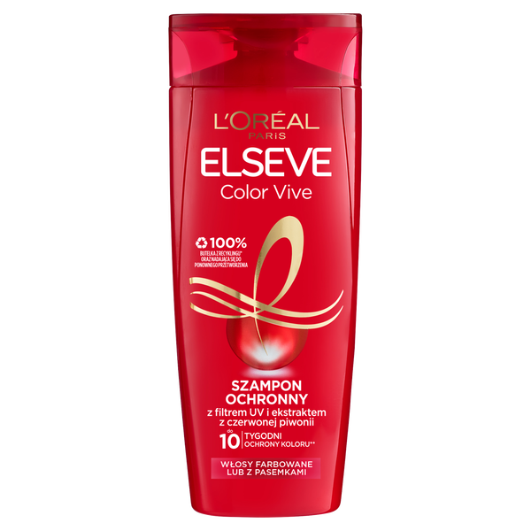 Czerwony flakon szamponu L’Oréal Elseve stoi na czarnym tle, informuje o ochronie koloru włosów.