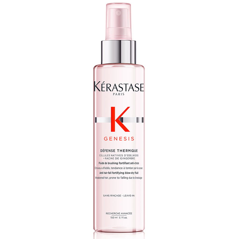 Butelka sprayu Kérastase — produkt do ochrony termicznej włosów, ustawiona na gładkim białym tle.