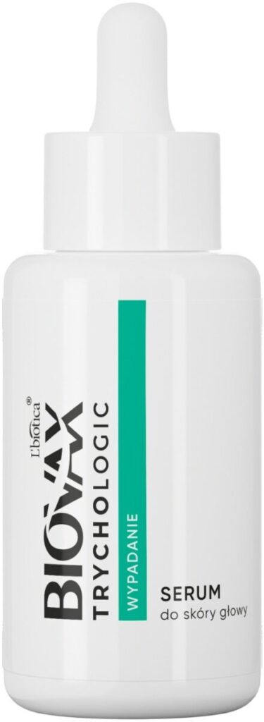 Butelka serum do skóry głowy z pipetą, opakowanie Biovax na białym tle.