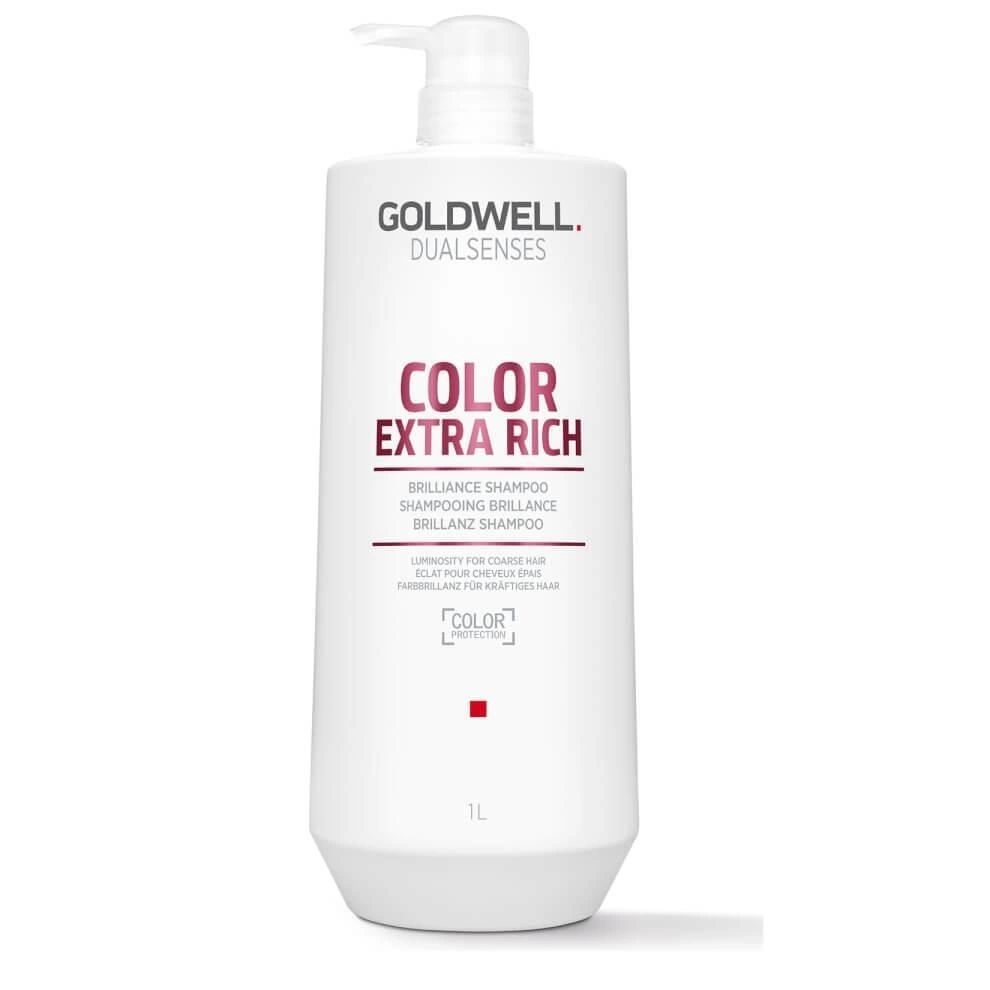 Butelka szamponu "Goldwell Color Extra Rich" stoi z pompką na neutralnym białym tle.
