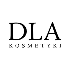 Logo „DLA” z napisem „KOSMETYKI” poniżej, czarny tekst na białym tle.