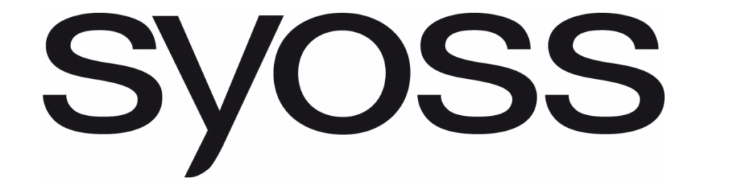 Czarny logotyp "syoss" umieszczony centralnie na białym tle, nowoczesna bezszeryfowa typografia.