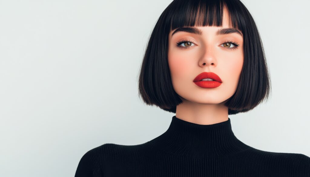 Piękna, elegancka kobieta o czarnych włosach w bobie z grzywką - fryzurze stylizowanej na lata 90.