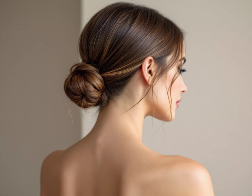 Kobieta z fryzurą low bun - niskim eleganckim koczkiem na specjalne okazje