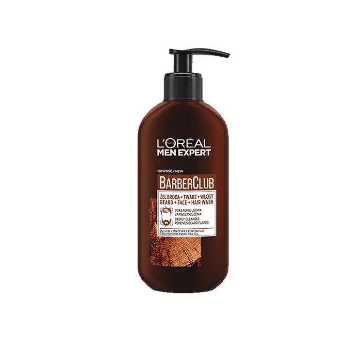 Brązowa butelka żelu L'Oréal BarberClub z pompką, do brody, twarzy i włosów, na białym tle.