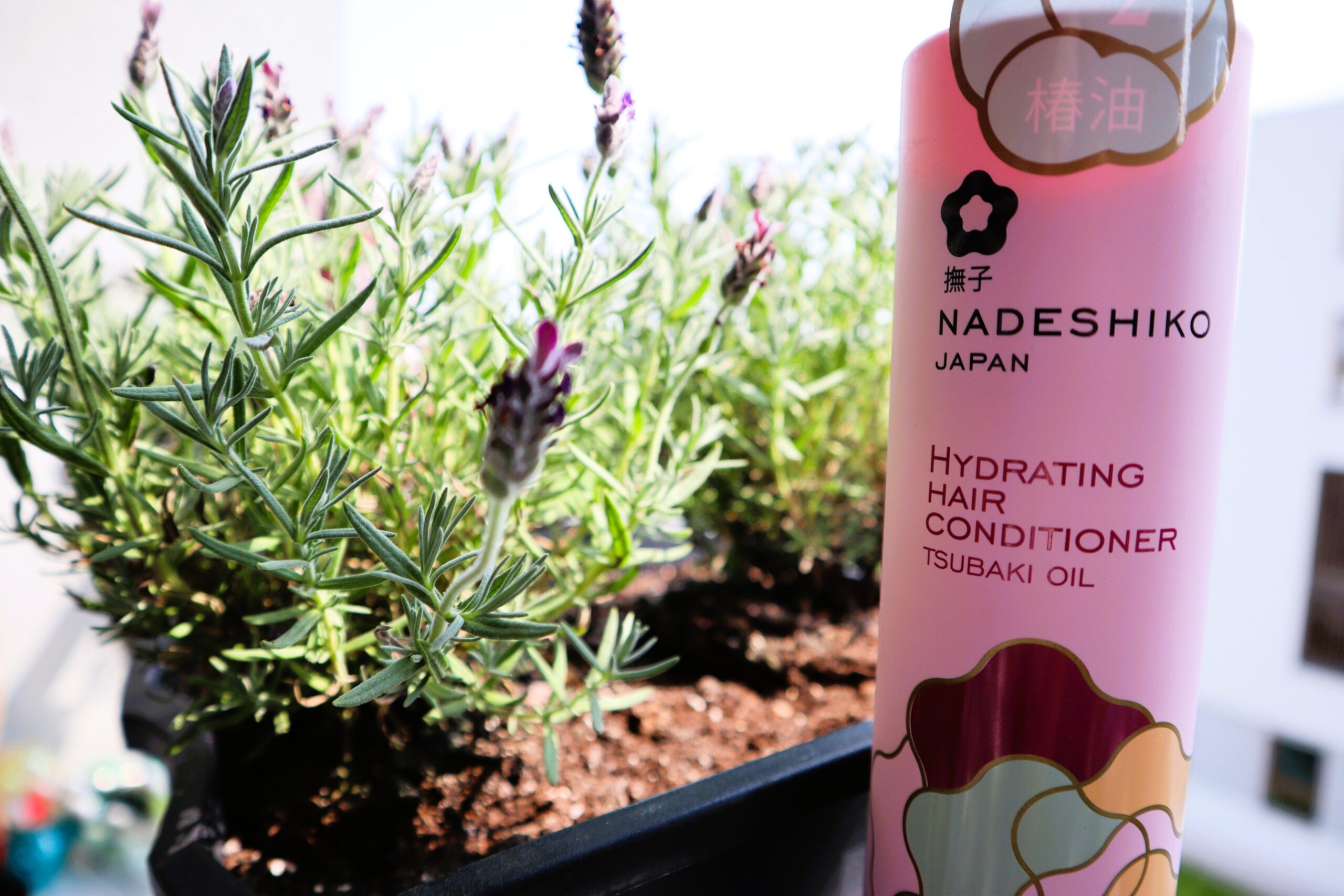 Nadeshiko odżywka nawilżająca do włosów na tle kwitnącej lawendy na balkonie