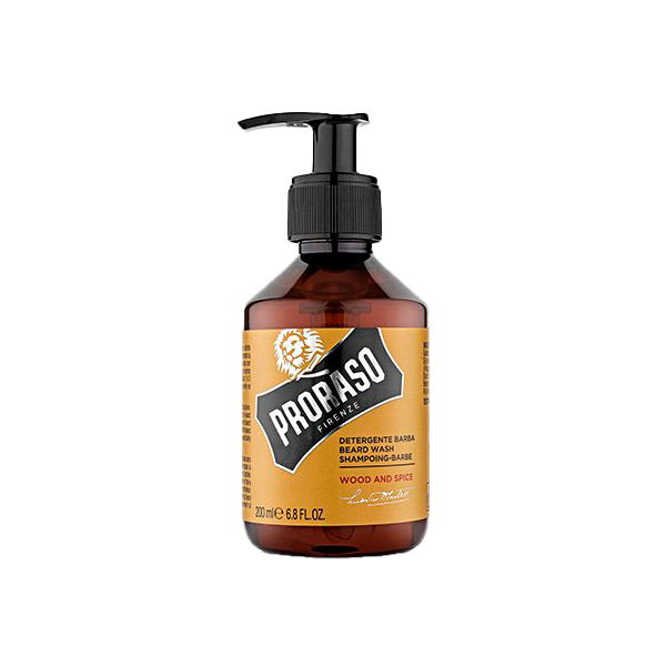 Butelka Proraso Beard Wash z dozownikiem stoi na białym tle, etykieta "Wood and Spice".