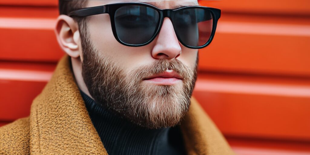 Mężczyzna z zarostem Effortlessly Groomed w okularach przeciwsłonecznych i jesiennym płaszczu