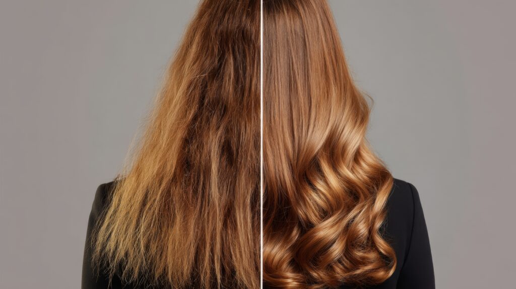 Obrazek pokazujący włosy w połowie zniszczone i matowe, a w połowie zdrowie i lśniące
