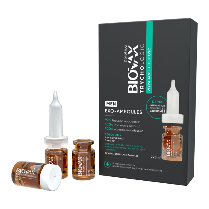 Ampułki Biovax Men TrychoLogic. Źródło: https://oceanic.pl/l-biotica-biovax-trychologic-exo-ampoules-wypadanie-i-gestosc-kuracja-dla-mezczyzn-7-szt-x-5-ml