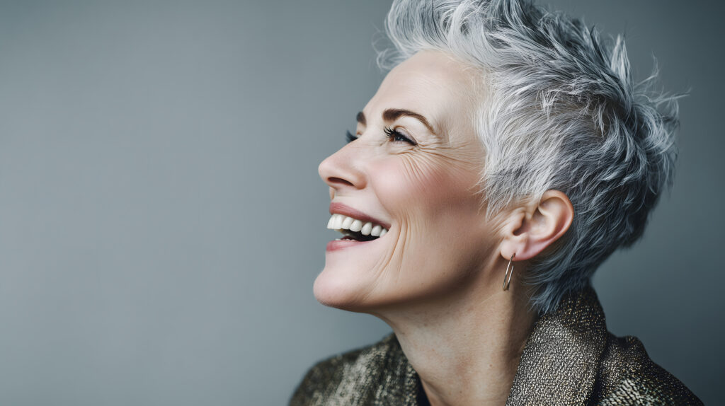 Uśmiechnięta kobieta z krótkimi, siwymi włosami