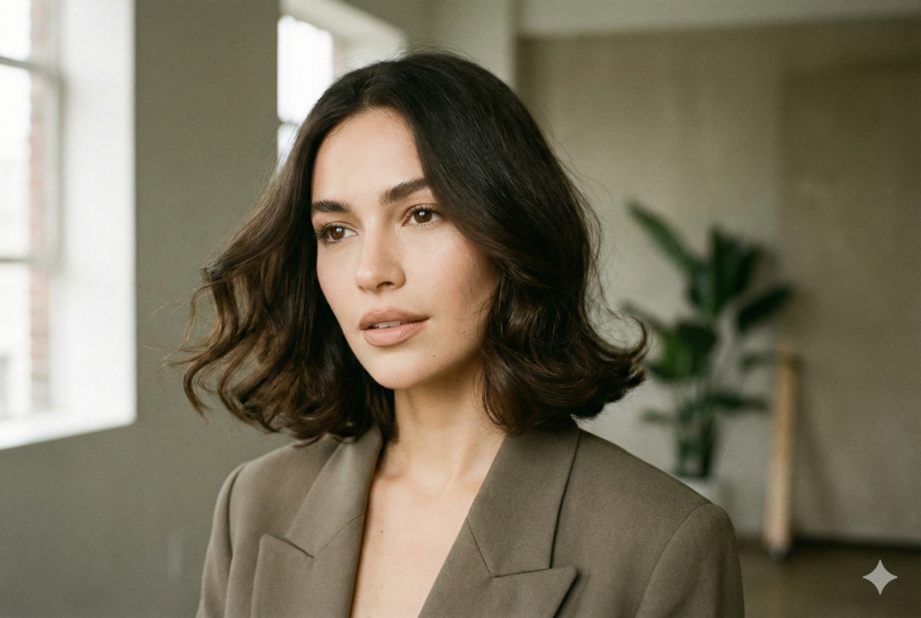 Kobieta z ciemnymi włosami we fryzurze flip-up bob - obraz wygenerowany przez AI (Gemini)