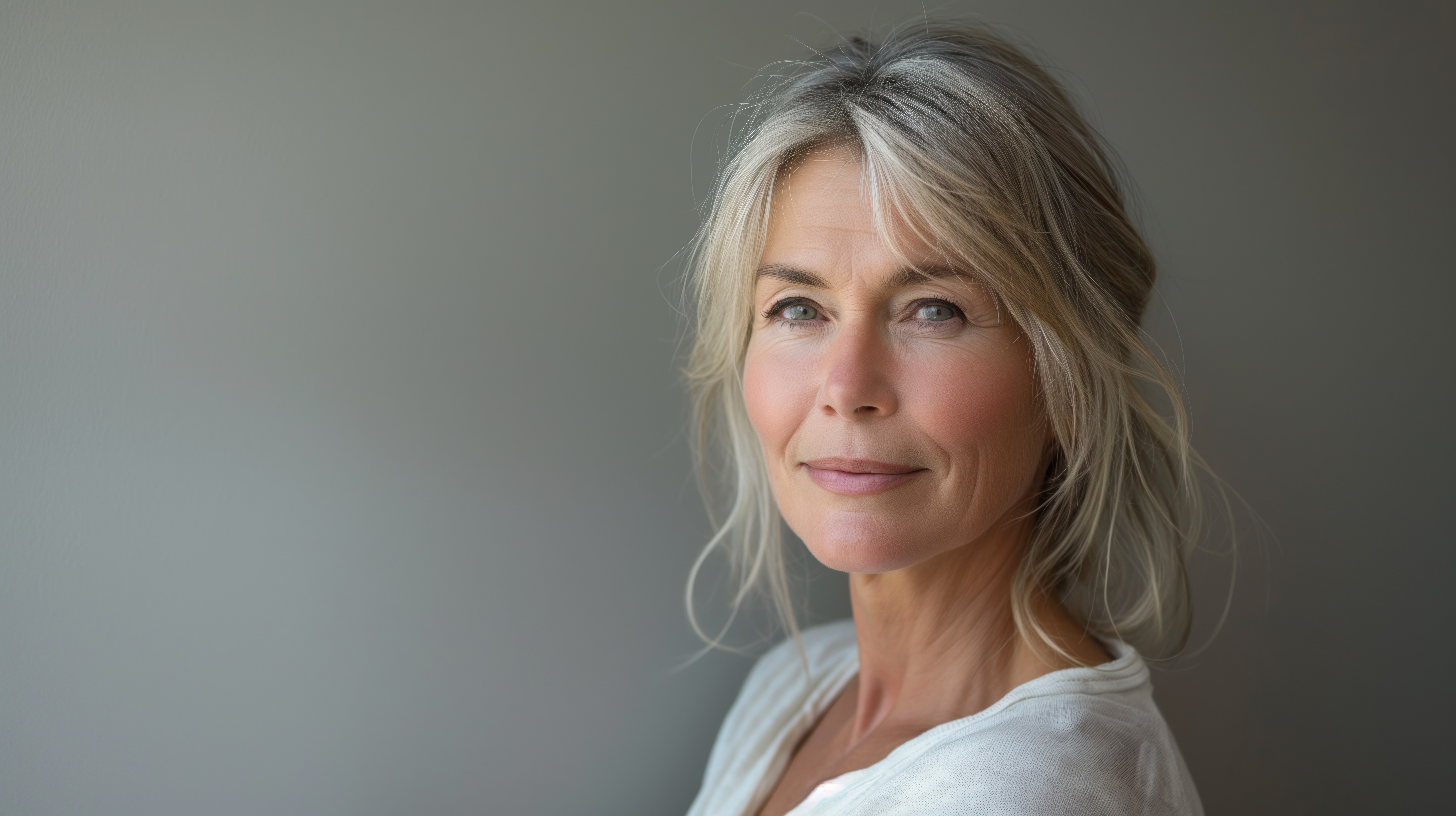 Kobieta w średnim wieku o siwiejących włosach z dodatkiem słonecznego blondu – koloru włosów, który odmładza i dodaje promienności