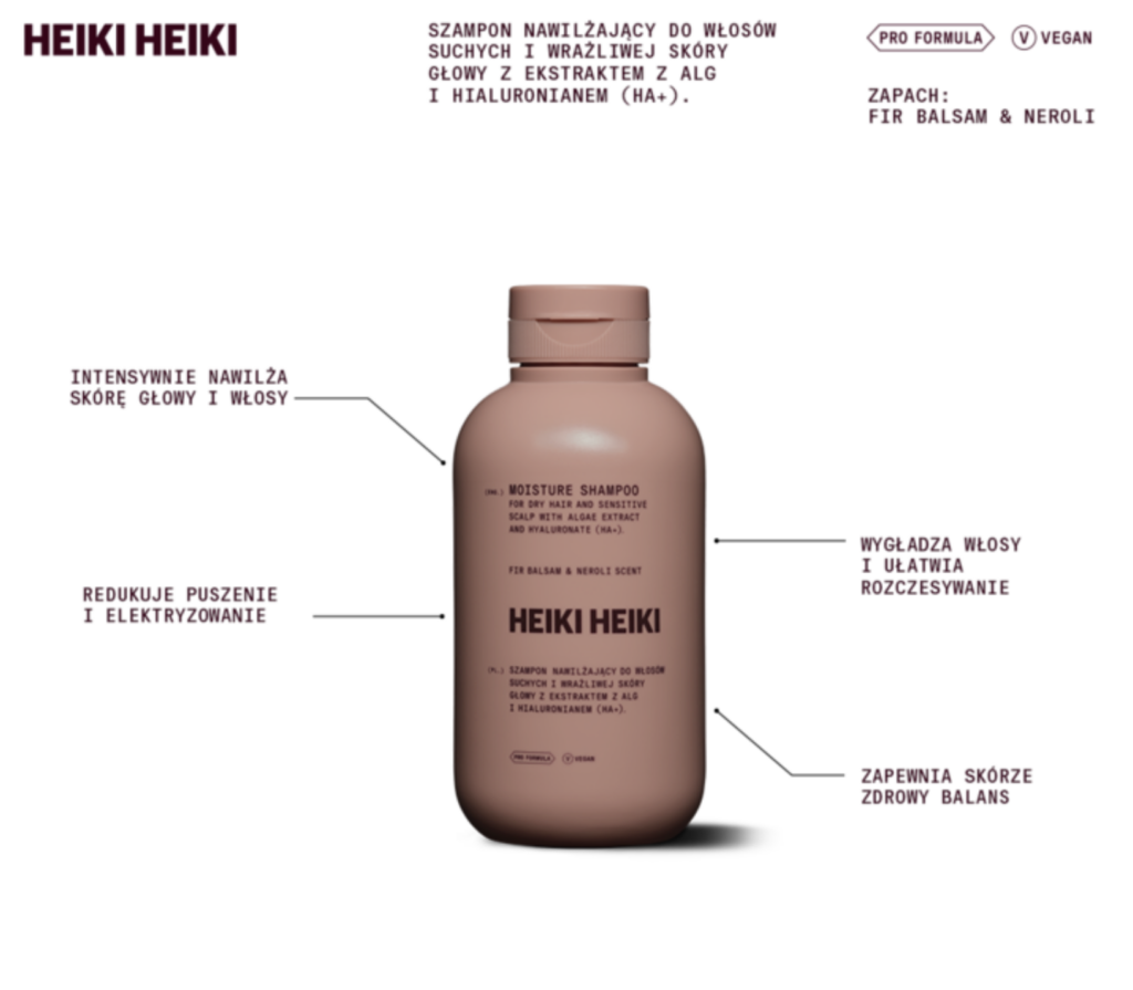 Szampon nawilżający Heiki Heiki. Źródło: https://www.rossmann.pl/Produkt/Szampony-w-plynie/HEIKI-HEIKI-Moisture-szampon-do-wlosow-nawilzajacy-Fir-Balsam-Neroli-250-ml,2110369,13177