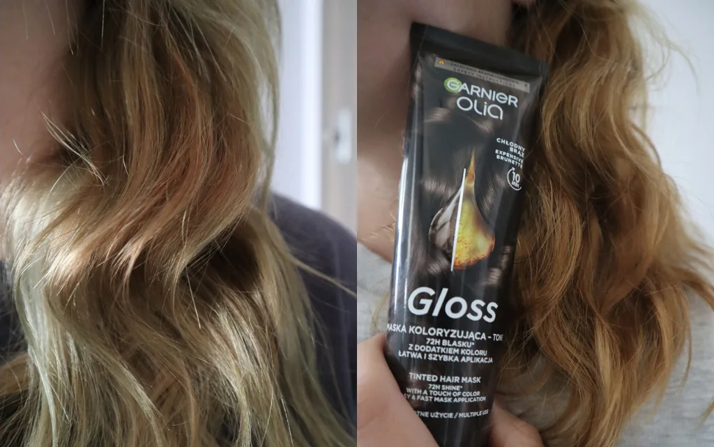 Maska koloryzująca do włosów Garnier Olia Gloss Maska Toner Chłodny Brąz efekt przed i po aplikacji