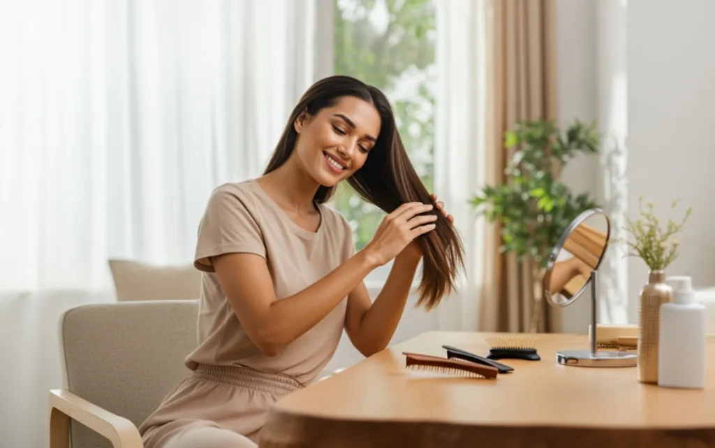Młoda kobieta przy stole rozczesuje palcami gęste, długie brązowe włosy