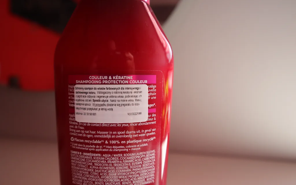 Etykietka szamponu do włosów farbowanych Dessange Couleur Keratine