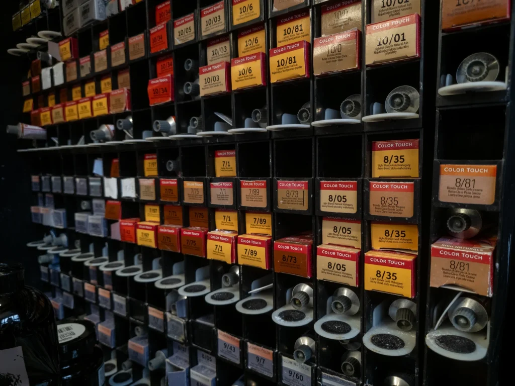 Półka pełna produktów do koloryzacji włosów z widocznymi oznaczeniami kolorów