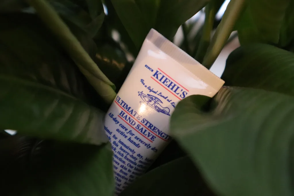 Krem do rąk Kiehl's Ultimate Strenght Hand Salve pośród zielonych liści kwiatka